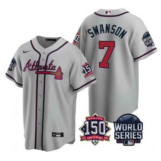 Men Atlanta Braves #7 Dansby Swanson 2021 Gray World Series With 150th Anniversary Patch Cool Base Stitched Jersey