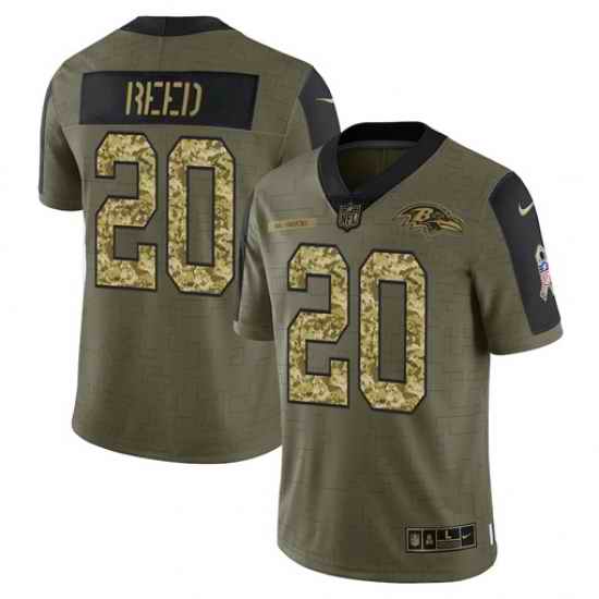Men Baltimore Ravens #20 Ed Reed 2021 Salute To Service Olive Camo Limited Stitched Jersey