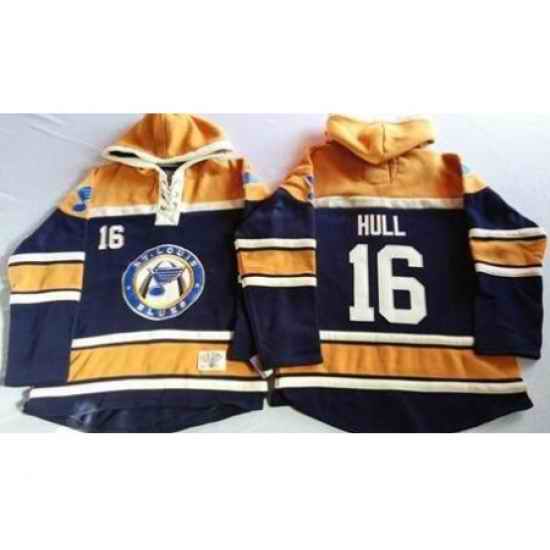 St. Louis Blues #16 Brett Hull Navy Blue Gold Sawyer Hooded Sweatshirt Stitched Jersey