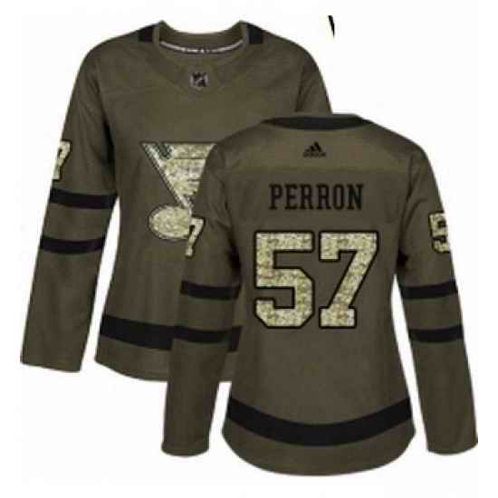 Womens Adidas St Louis Blues #57 David Perron Authentic Green Salute to Service NHL Jersey