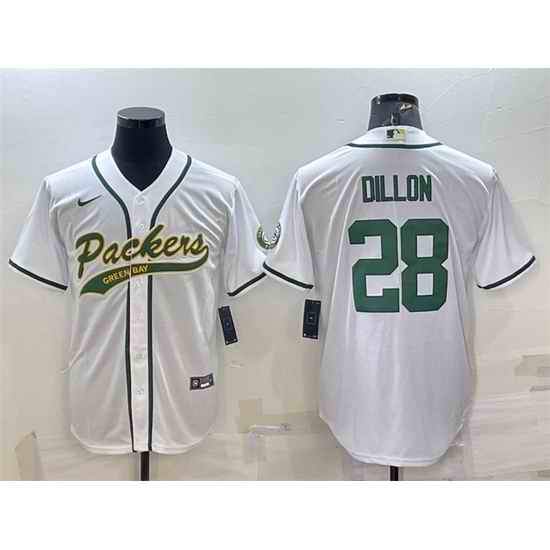 Men Green Bay Packers #28 A J Dillon White With Patch Cool Base Stitched Baseball Jersey