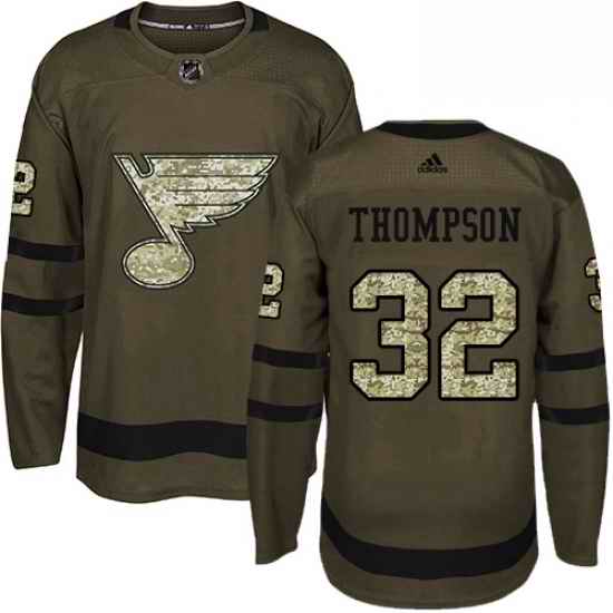 Mens Adidas St Louis Blues #32 Tage Thompson Premier Green Salute to Service NHL Jersey