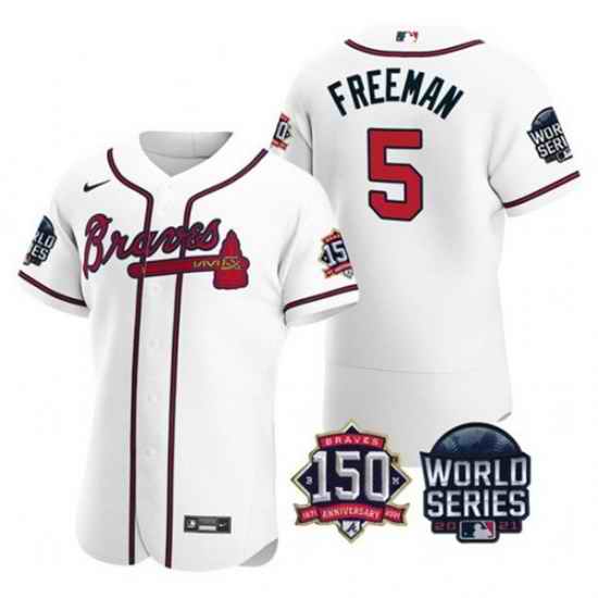 Men Atlanta Braves #5 Freddie Freeman 2021 White World Series With 150th Anniversary Patch Stitched Baseball Jersey