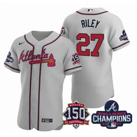 Men's Grey Atlanta Braves #27 Austin Riley Swanson 2021 World Series Champions With 150th Anniversary Flex Base Stitched Jersey->2021 world series->MLB Jersey