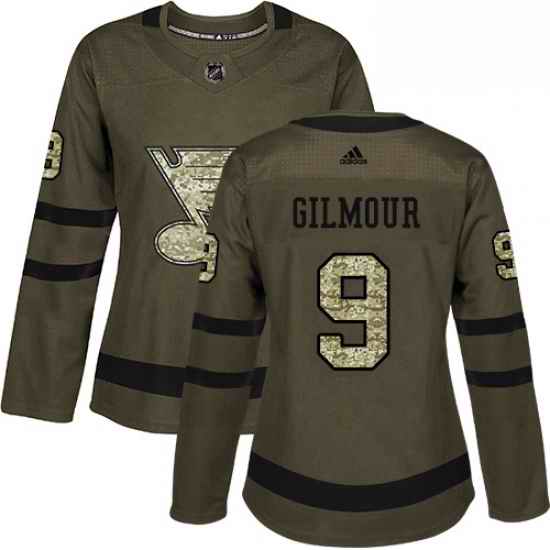Womens Adidas St Louis Blues #9 Doug Gilmour Authentic Green Salute to Service NHL Jersey