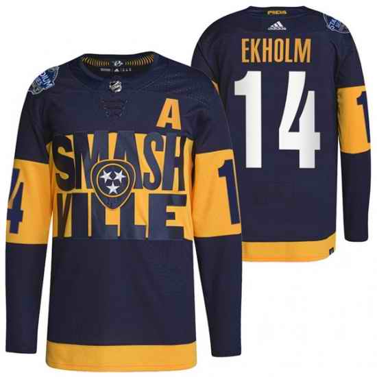 Men Nashville Predators #14 Mattias Ekholm 2022 Navy Stadium Series Breakaway Player Stitched Jersey