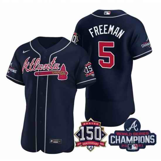Men's Navy Atlanta Braves #5 Freddie Freeman 2021 World Series Champions With 150th Anniversary Flex Base Stitched Jersey->2021 world series->MLB Jersey