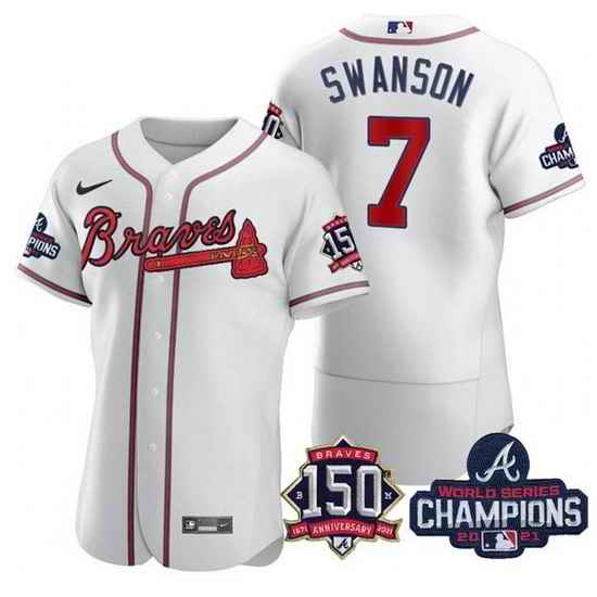 Men's White Atlanta Braves #7 Dansby Swanson 2021 World Series Champions With 150th Anniversary Flex Base Stitched Jersey->2021 world series->MLB Jersey