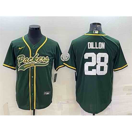 Men Green Bay Packers #28 A J Dillon Green With Patch Cool Base Stitched Baseball Jersey