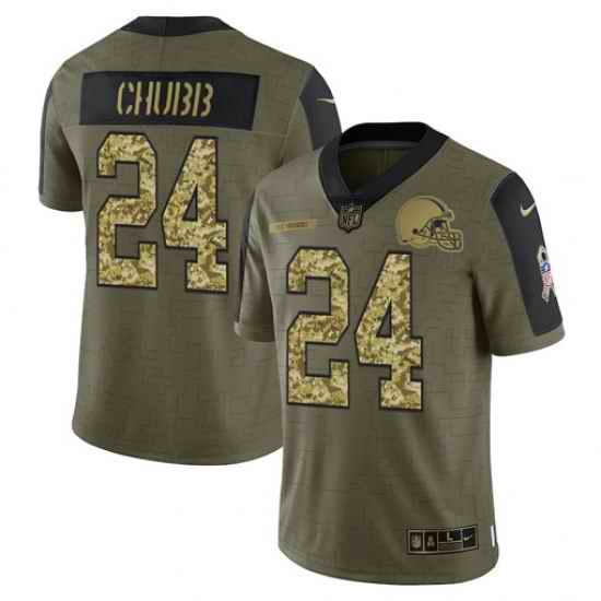Men Cleveland Browns #24 Nick Chubb 2021 Salute To Service Olive Camo Limited Stitched Jersey
