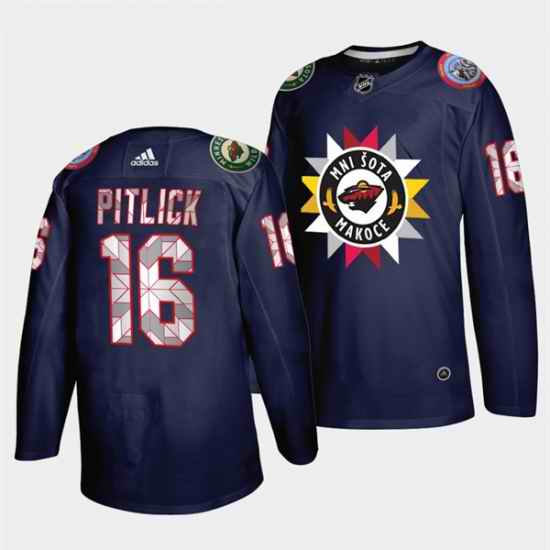 Men Minnesota Wild #16 Rem Pitlick 2021 22 Navy Native American Heritage Day Stitched Jersey