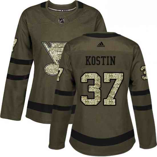 Womens Adidas St Louis Blues #37 Klim Kostin Authentic Green Salute to Service NHL Jersey