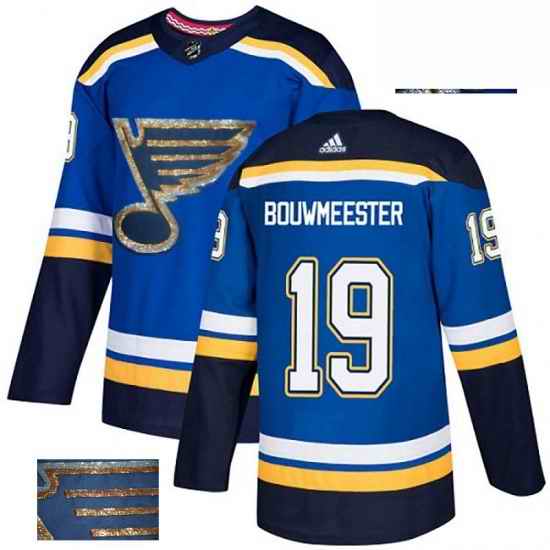 Mens Adidas St Louis Blues #19 Jay Bouwmeester Authentic Royal Blue Fashion Gold NHL Jersey