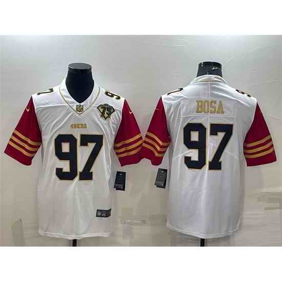 Men San Francisco 49ers #97 Nick Bosa White Gold With 75th Anniversary Patch Stitched Jersey