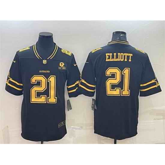 Men Dallas Cowboys #21 Ezekiel Elliott Black Gold Edition With 1960 Patch Limited Stitched Football Jersey