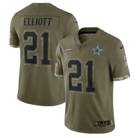 Men Dallas Cowboys #21 Ezekiel Elliott Olive 2022 Salute To Service Limited Stitched Jersey