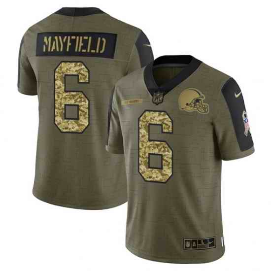 Men Cleveland Browns #6 Baker Mayfield 2021 Salute To Service Olive Camo Limited Stitched Jersey