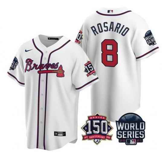 Men Atlanta Braves #8 Eddie Rosario 2021 White World Series With 150th Anniversary Patch Cool Base Stitched Jersey