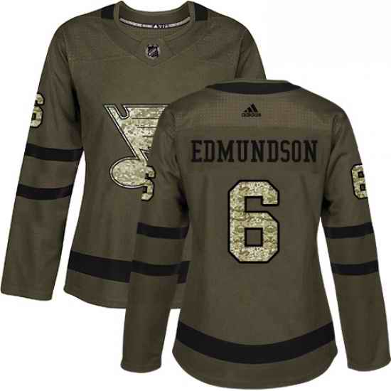 Womens Adidas St Louis Blues #6 Joel Edmundson Authentic Green Salute to Service NHL Jersey