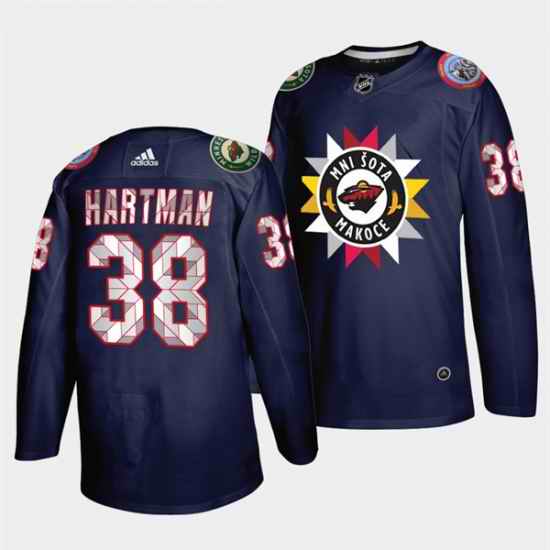 Men Minnesota Wild 38 Ryan Hartman 2021 #22 Navy Native American Heritage Day Stitched Jersey