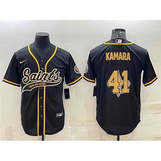 Men New Orleans Saints #41 Alvin Kamara Black Team Big Logo With Patch Cool Base Stitched Baseball Jersey