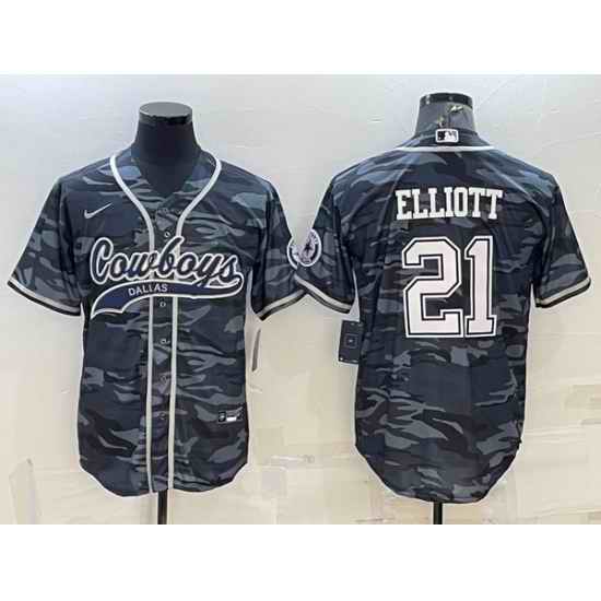 Men Dallas Cowboys #21 Ezekiel Elliott Grey Camo With Patch Cool Base Stitched Baseball Jersey