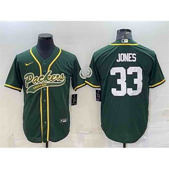 Men Green Bay Packers #33 Aaron Jones Green With Patch Cool Base Stitched Baseball Jersey