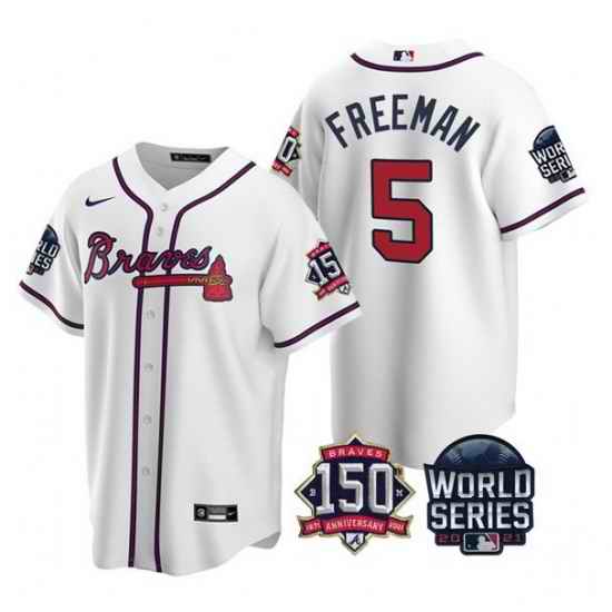 Men Atlanta Braves #5 Freddie Freeman 2021 White World Series With 150th Anniversary Patch Cool Base Stitched Jersey