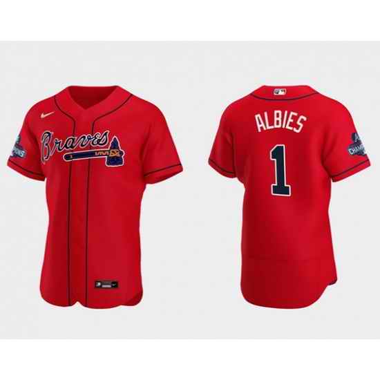 Men's Red Atlanta Braves #1 Ozzie Albies 2021 World Series Champions Flex Base Stitched Jersey->2021 world series->MLB Jersey