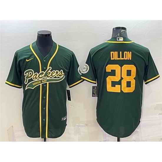 Men Green Bay Packers #28 A J Dillon Green Gold With Patch Cool Base Stitched Baseball Jersey