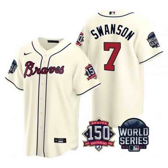 Men Atlanta Braves #7 Dansby Swanson 2021 Cream World Series With 150th Anniversary Patch Cool Base Stitched Jersey