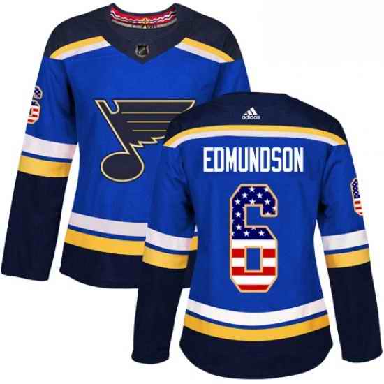 Womens Adidas St Louis Blues #6 Joel Edmundson Authentic Blue USA Flag Fashion NHL Jersey