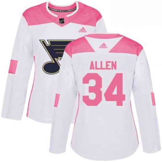 Womens Adidas St Louis Blues #34 Jake Allen Authentic WhitePink Fashion NHL Jersey