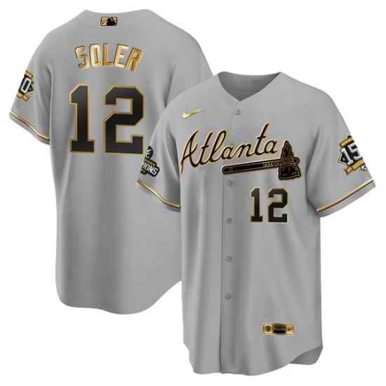 Men Atlanta Braves #12 Jorge Soler 2021 Grey Gold World Series Champions With 150th Anniversary Patch Cool Base Stitched Jersey