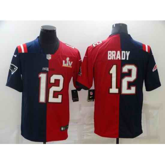 Men Tampa Bay Buccaneers #12 Tom Brady Red Navy Super Bowl Split GOAT Stitched Jersey