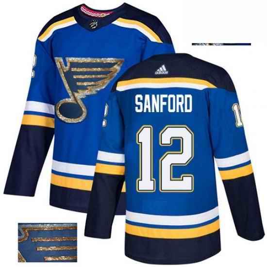 Mens Adidas St Louis Blues #12 Zach Sanford Authentic Royal Blue Fashion Gold NHL Jersey