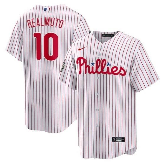 Men Philadelphia Phillies #10 J T  Realmuto White 2022 World Series Cool Base Stitched Baseball Jersey