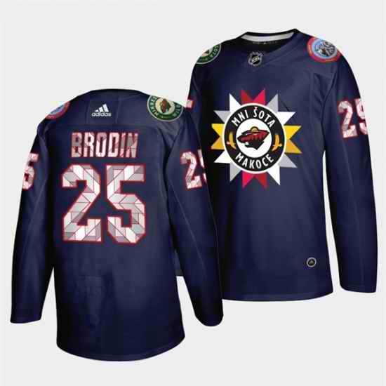 Men Minnesota Wild 25 Jonas Brodin 2021 #22 Navy Native American Heritage Day Stitched Jersey