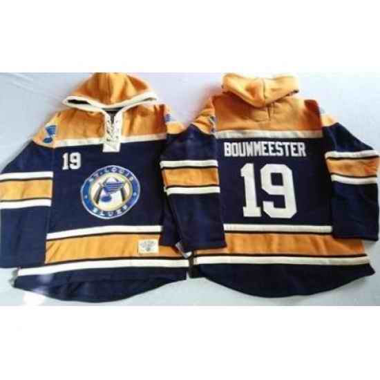 St. Louis Blues #19 Jay Bouwmeester Navy Blue Gold Sawyer Hooded Sweatshirt Stitched Jersey