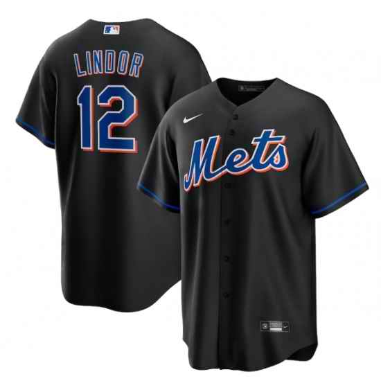 Men New York Mets #12 Francisco Lindor 2022 Black Cool Base Stitched Baseball Jersey