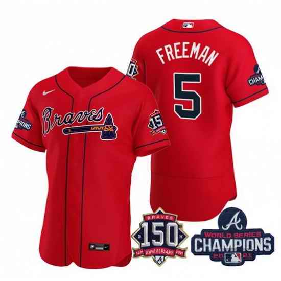 Men's Red Atlanta Braves #5 Freddie Freeman 2021 World Series Champions With 150th Anniversary Flex Base Stitched Jersey->2021 world series->MLB Jersey