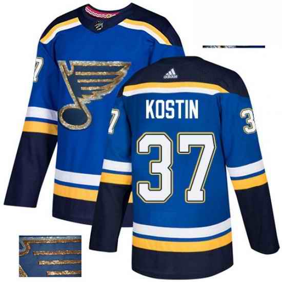 Mens Adidas St Louis Blues #37 Klim Kostin Authentic Royal Blue Fashion Gold NHL Jersey