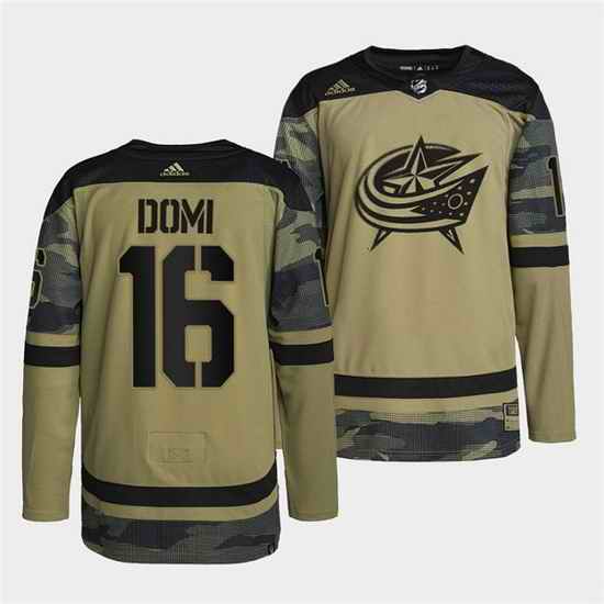 Men Columbus Blue Jackets #16 Max Domi 2022 Camo Military Appreciation Night Stitched jersey