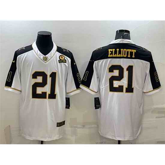 Men Dallas Cowboys #21 Ezekiel Elliott White Gold Edition With 1960 Patch Limited Stitched Football Jersey