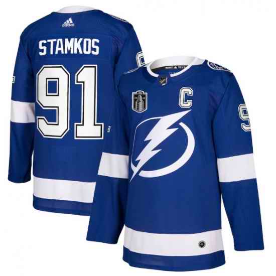 Men Tampa Bay Lightning #91 Steven Stamkos 2022 Blue Stanley Cup Final Patch Stitched Jersey