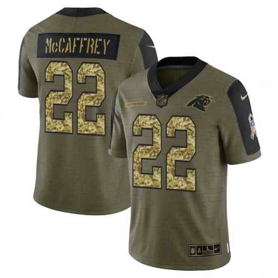 Men Carolina Panthers #22 Christian McCaffrey 2021 Salute To Service Olive Camo Limited Stitched Jersey