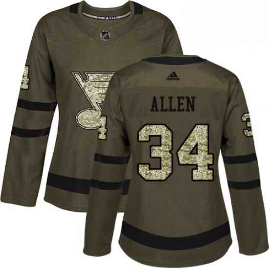 Womens Adidas St Louis Blues #34 Jake Allen Authentic Green Salute to Service NHL Jersey