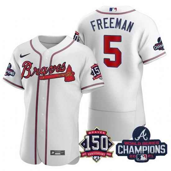 Men's White Atlanta Braves #5 Freddie Freeman 2021 World Series Champions With 150th Anniversary Flex Base Stitched Jersey->2021 world series->MLB Jersey