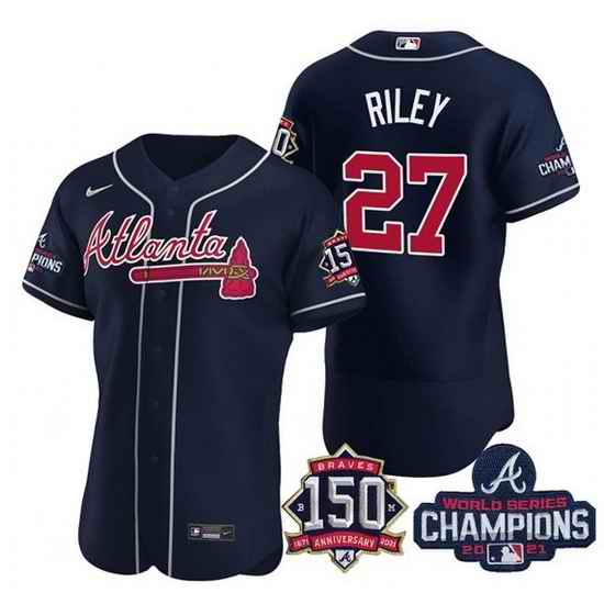 Men's Navy Atlanta Braves #27 Austin Riley Swanson 2021 World Series Champions With 150th Anniversary Flex Base Stitched Jersey->2021 world series->MLB Jersey
