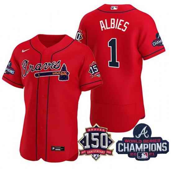 Men's Red Atlanta Braves #1 Ozzie Albies 2021 World Series Champions With 150th Anniversary Flex Base Stitched Jersey->2021 world series->MLB Jersey